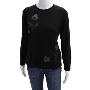 Natto Womens Floral Applique Long Sleeve Stretch Basic Shirt Black Size M